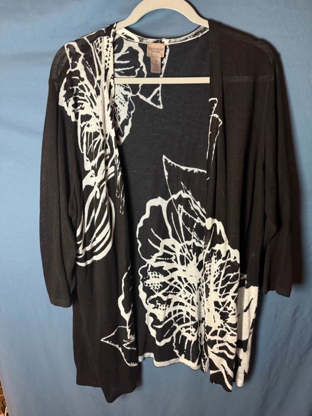 Chico's Black and White Floral Open Cardigan